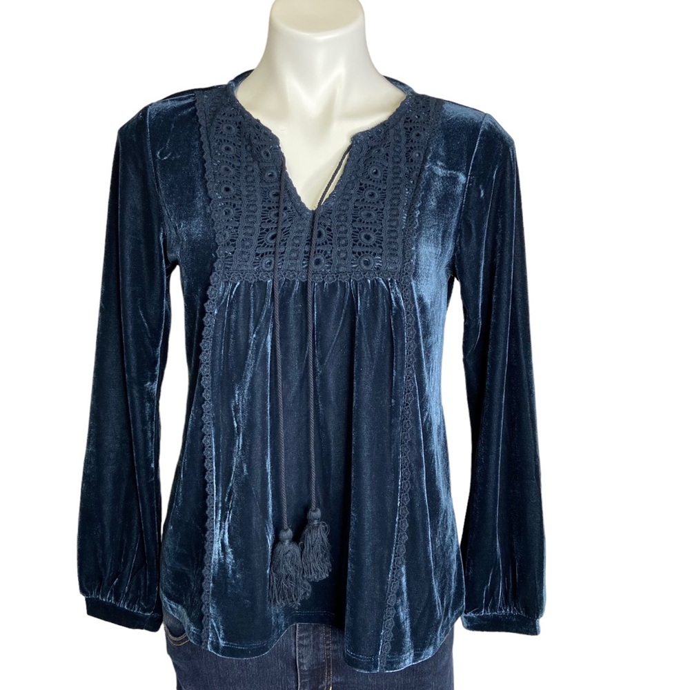 KATE & SAM Boho Velvet Lace Long Sleeve Top Teal Blue Size Small